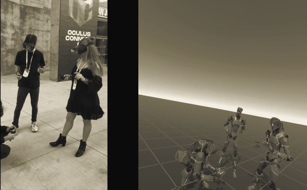 Split screen: on the left, players in Quest headsets outside the Oculus Connect 6 venue; on the right, the robot avatars they control in the shared space.