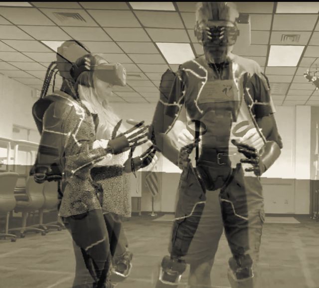 Composite: people in Quest headsets in a meeting room, overlaid with the robot avatars they appear as in the shared space.